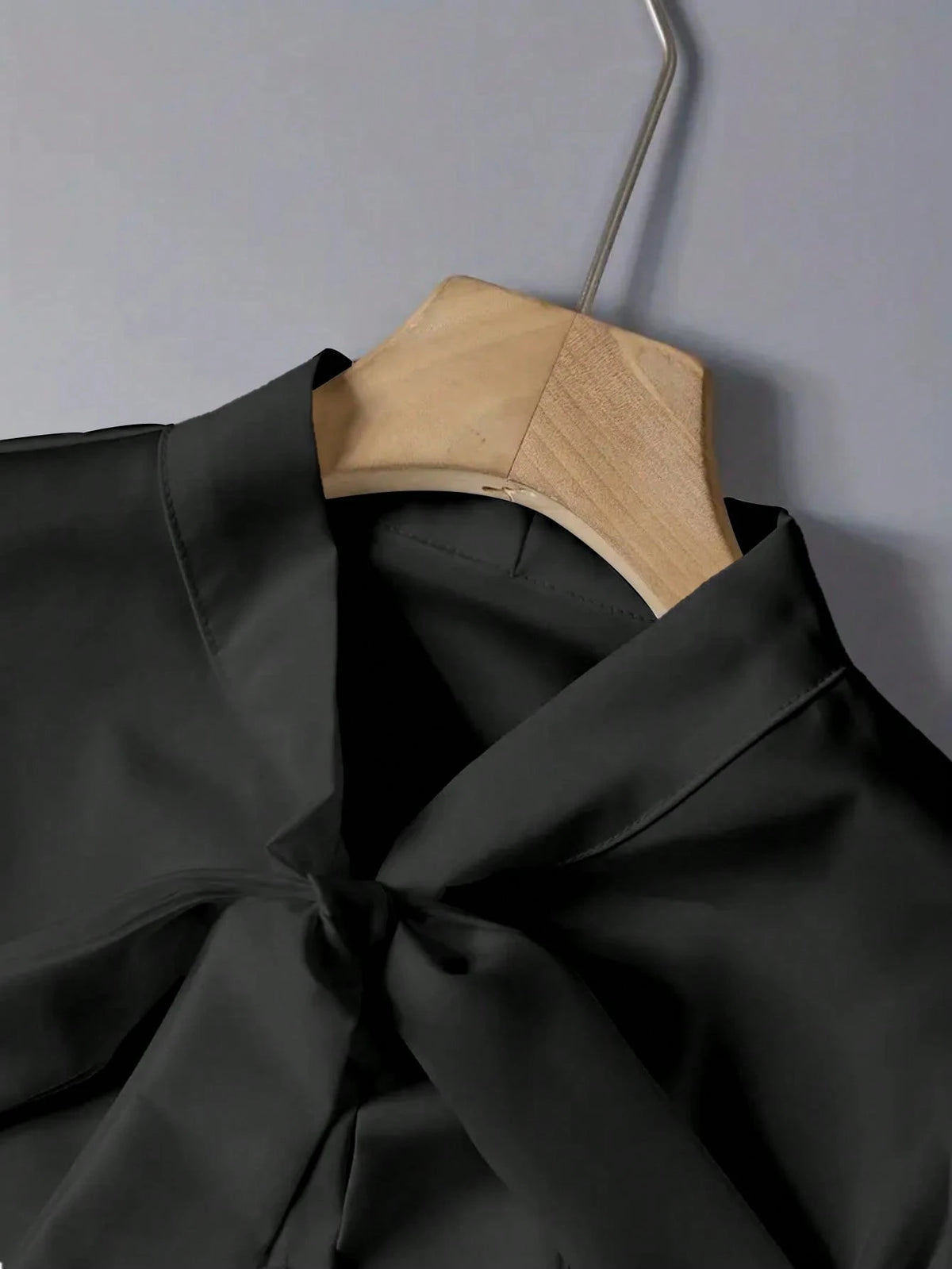 Women's Elegant Satin White Long Sleeve Casual Shirt, Versatile Commuter Chic Blouse With Bow Neck Detail, Solid Color Black