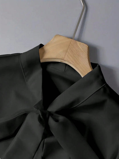 Women's Elegant Satin White Long Sleeve Casual Shirt, Versatile Commuter Chic Blouse With Bow Neck Detail, Solid Color Black