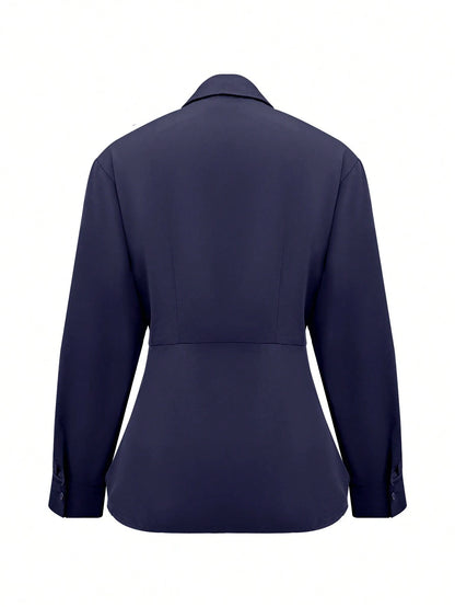 Women's Elegant Waist Design Long Sleeve Commuter Shirt, Solid Color Woven Fabric, Suitable For Office And Daily Wear, Spring/Summer