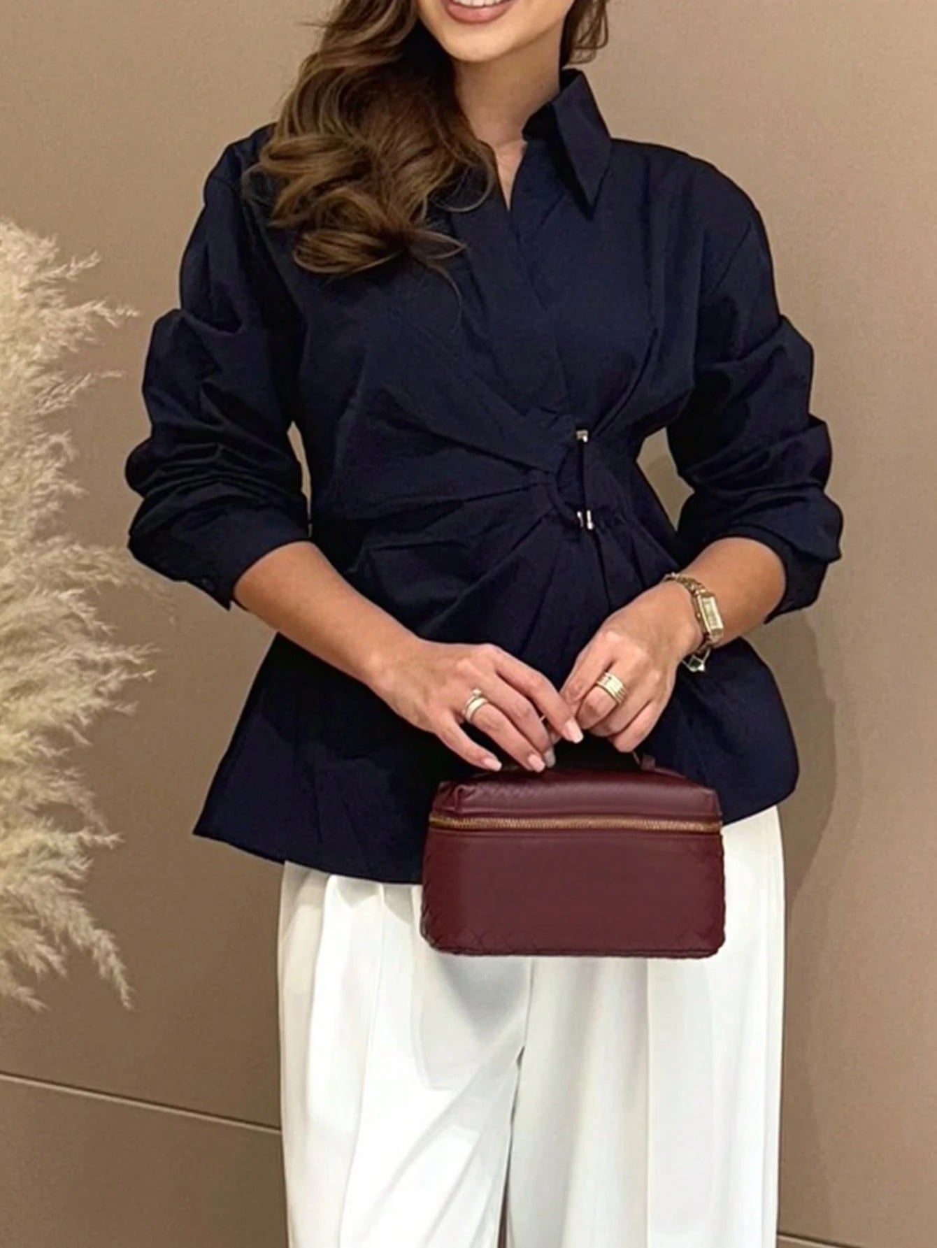 Women's Elegant Waist Design Long Sleeve Commuter Shirt, Solid Color Woven Fabric, Suitable For Office And Daily Wear, Spring/Summer