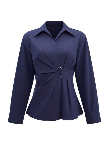 Women's Elegant Waist Design Long Sleeve Commuter Shirt, Solid Color Woven Fabric, Suitable For Office And Daily Wear, Spring/Summer