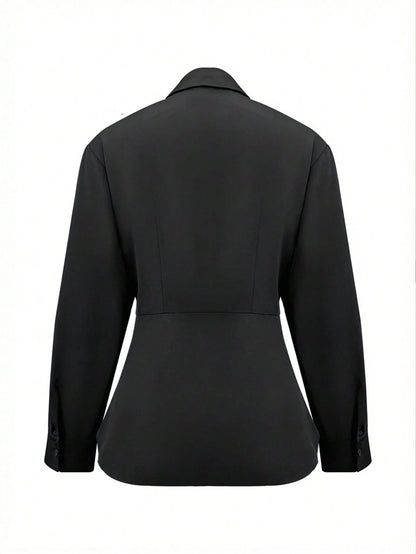 Women's Elegant Waist Design Long Sleeve Commuter Shirt, Solid Color Woven Fabric, Suitable For Office And Daily Wear, Spring/Summer