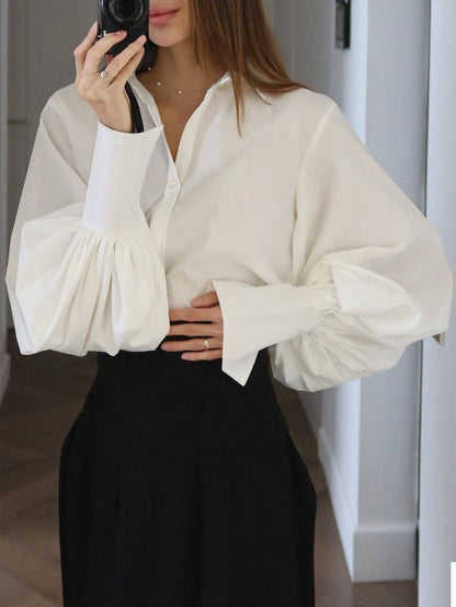 Women's Fashion Elegant Commuter Collared Lantern Sleeve Blouse, Solid Color Woven Fabric Front Button Closure Blouse, Suitable For Office, Daily, Date, Airport, Lightweight Breathable Spring/Summer W