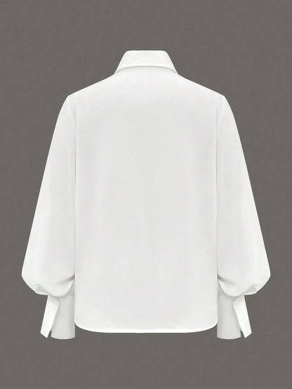 Women's Fashion Elegant Commuter Collared Lantern Sleeve Blouse, Solid Color Woven Fabric Front Button Closure Blouse, Suitable For Office, Daily, Date, Airport, Lightweight Breathable Spring/Summer W
