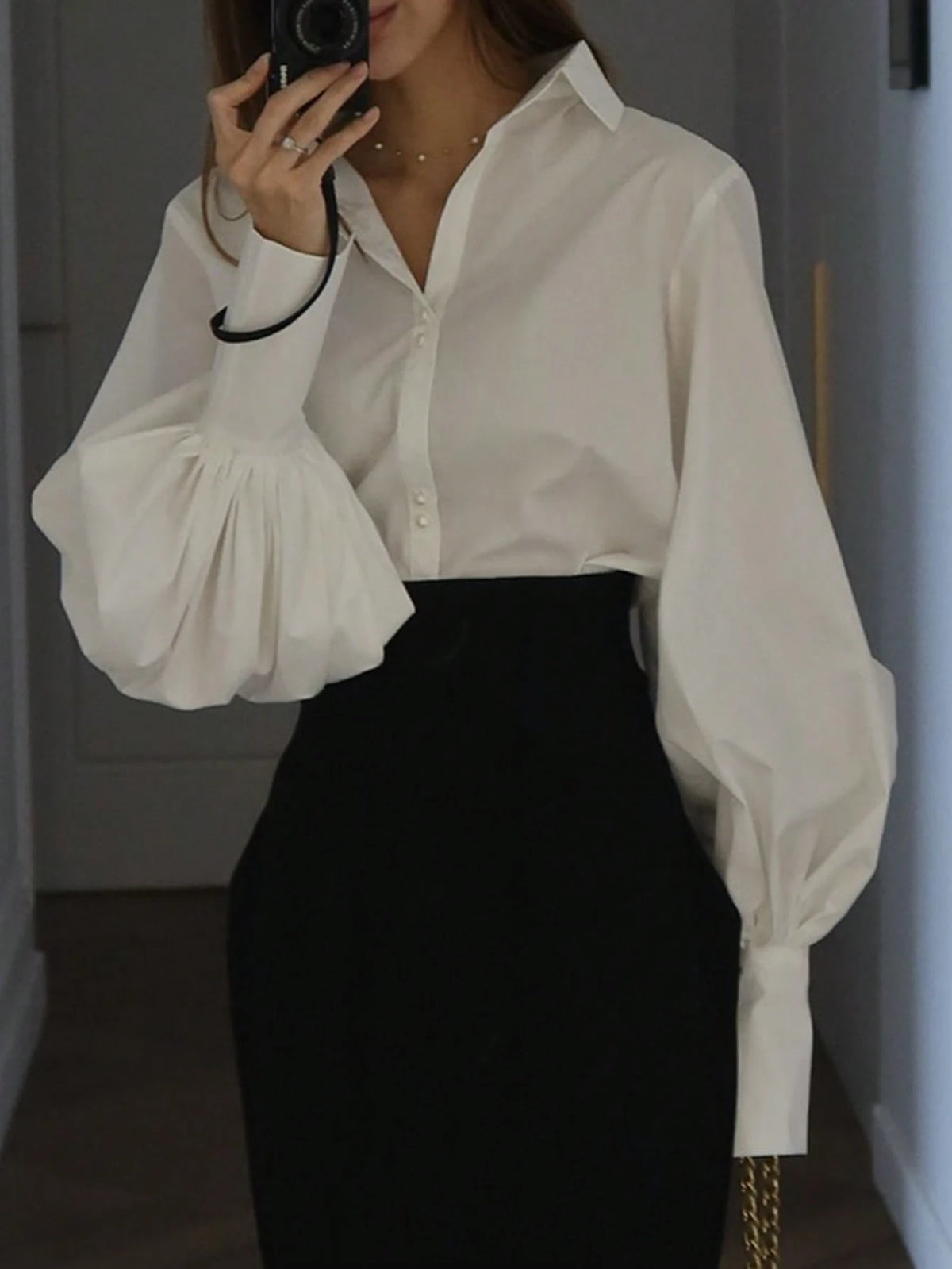 Women's Fashion Elegant Commuter Collared Lantern Sleeve Blouse, Solid Color Woven Fabric Front Button Closure Blouse, Suitable For Office, Daily, Date, Airport, Lightweight Breathable Spring/Summer W