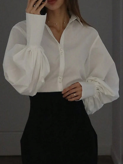 Women's Fashion Elegant Commuter Collared Lantern Sleeve Blouse, Solid Color Woven Fabric Front Button Closure Blouse, Suitable For Office, Daily, Date, Airport, Lightweight Breathable Spring/Summer W