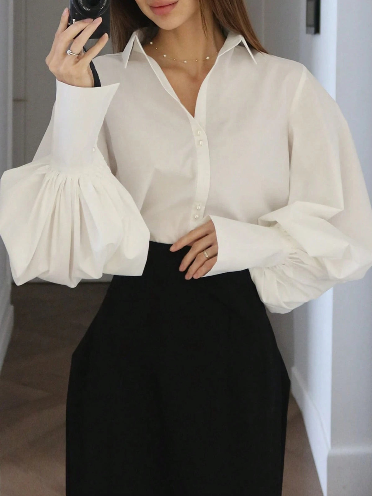 Women's Fashion Elegant Commuter Collared Lantern Sleeve Blouse, Solid Color Woven Fabric Front Button Closure Blouse, Suitable For Office, Daily, Date, Airport, Lightweight Breathable Spring/Summer W