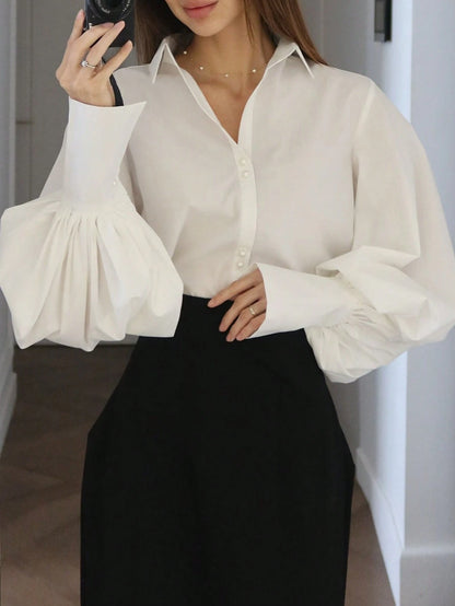 Women's Fashion Elegant Commuter Collared Lantern Sleeve Blouse, Solid Color Woven Fabric Front Button Closure Blouse, Suitable For Office, Daily, Date, Airport, Lightweight Breathable Spring/Summer W