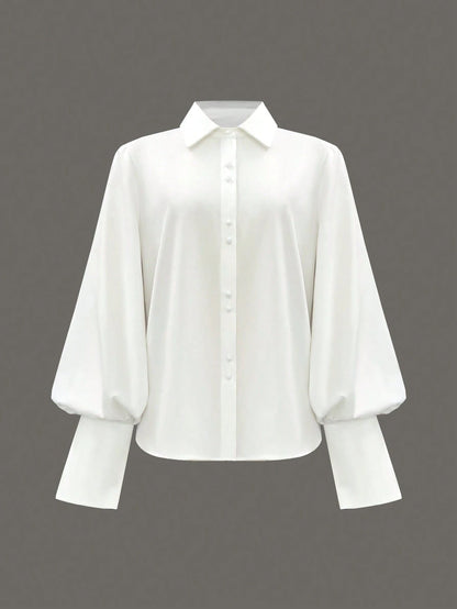Women's Fashion Elegant Commuter Collared Lantern Sleeve Blouse, Solid Color Woven Fabric Front Button Closure Blouse, Suitable For Office, Daily, Date, Airport, Lightweight Breathable Spring/Summer W