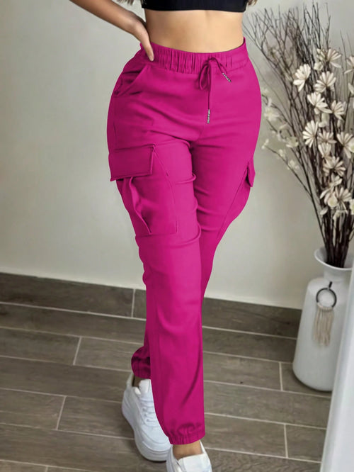 Women's Fashion Elegant Solid Color Casual Pocket Elastic Waist Drawstring Cargo Pants Spring