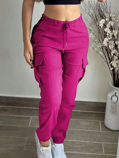 Women's Fashion Elegant Solid Color Casual Pocket Elastic Waist Drawstring Cargo Pants Spring