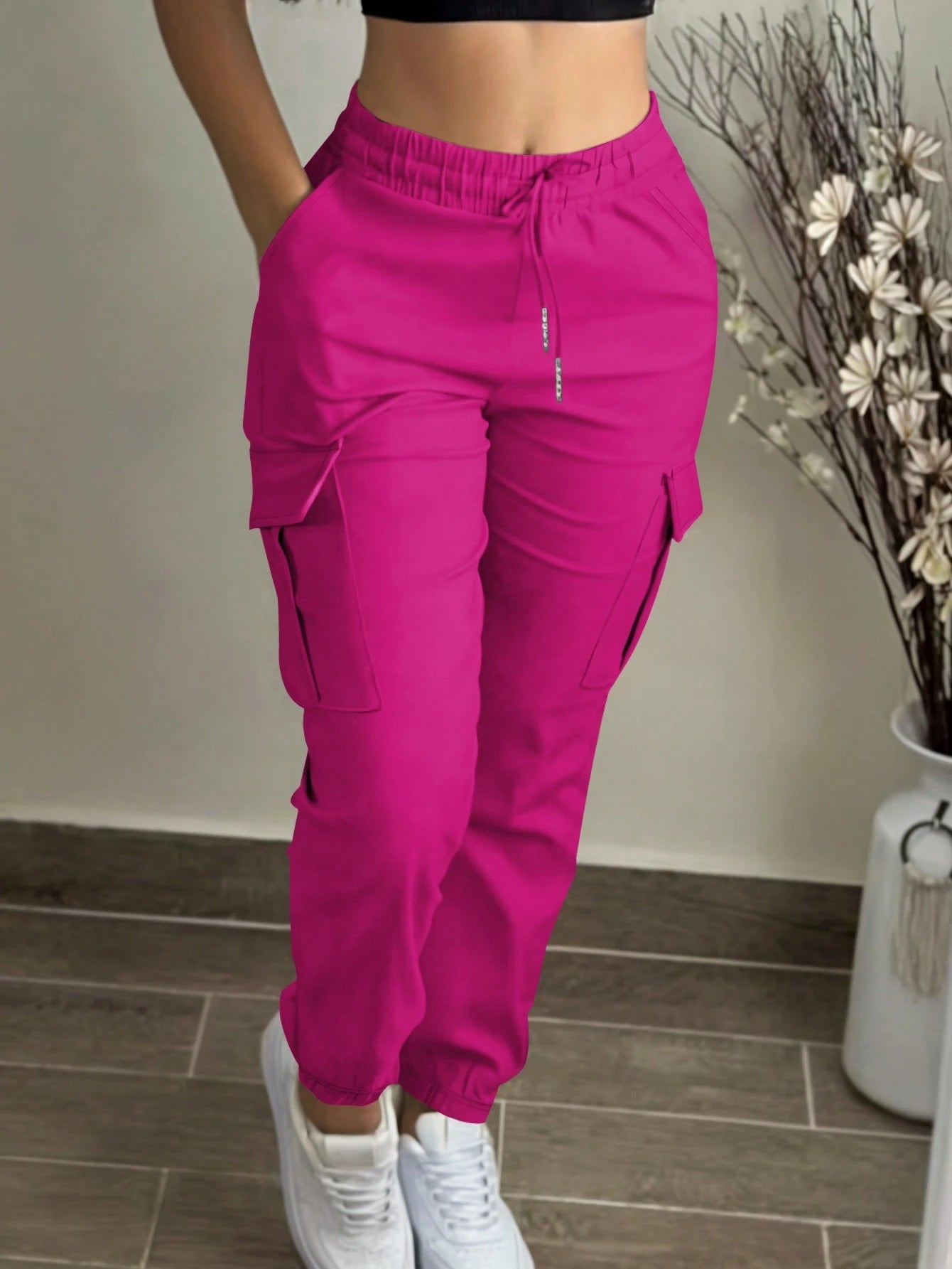 Women's Fashion Elegant Solid Color Casual Pocket Elastic Waist Drawstring Cargo Pants Spring