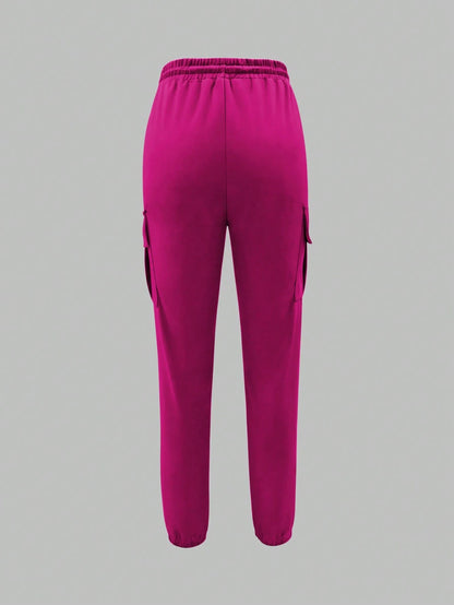 Women's Fashion Elegant Solid Color Casual Pocket Elastic Waist Drawstring Cargo Pants Spring