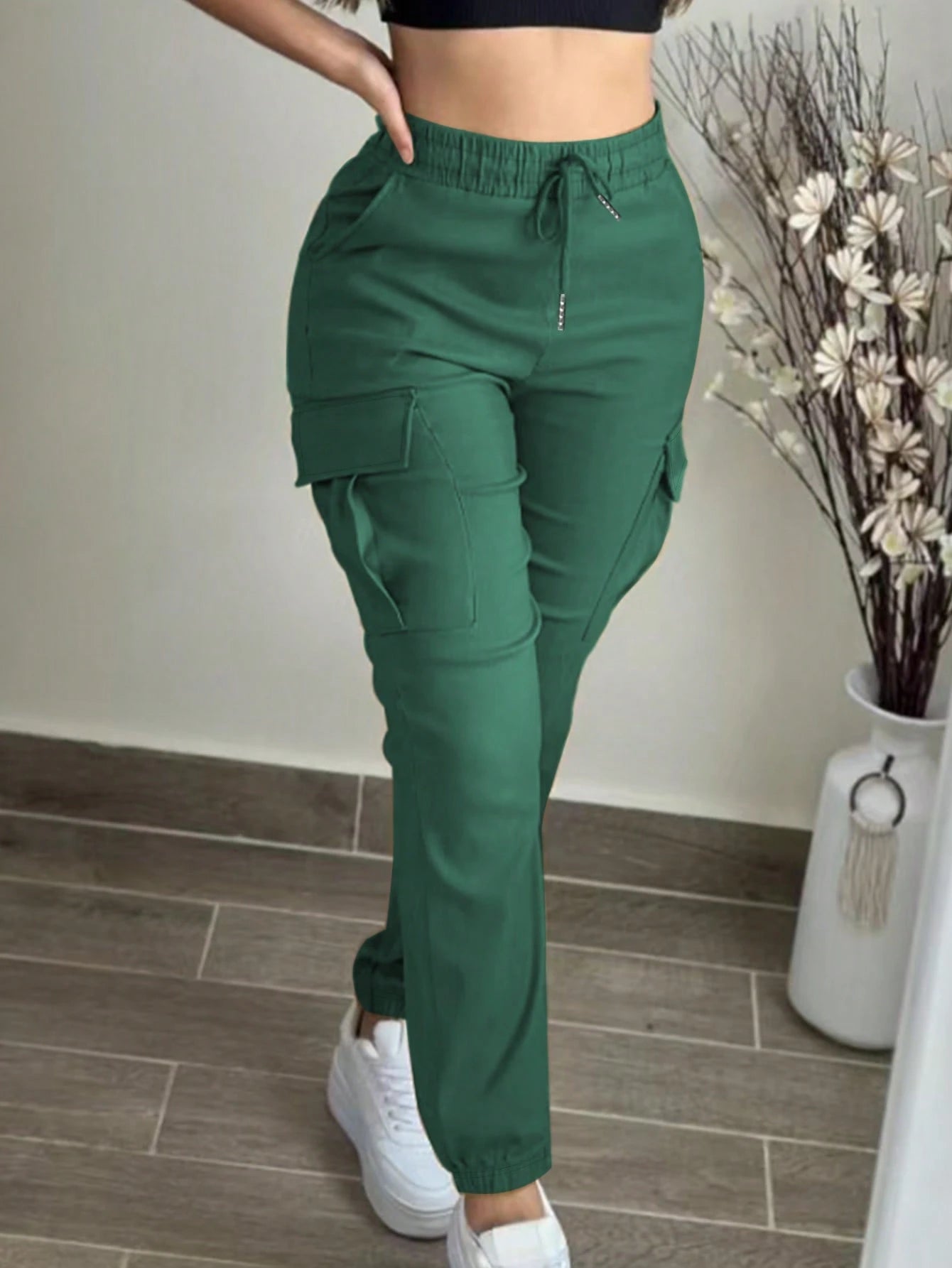 Women's Fashion Elegant Solid Color Casual Pocket Elastic Waist Drawstring Cargo Pants Spring
