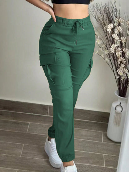 Women's Fashion Elegant Solid Color Casual Pocket Elastic Waist Drawstring Cargo Pants Spring