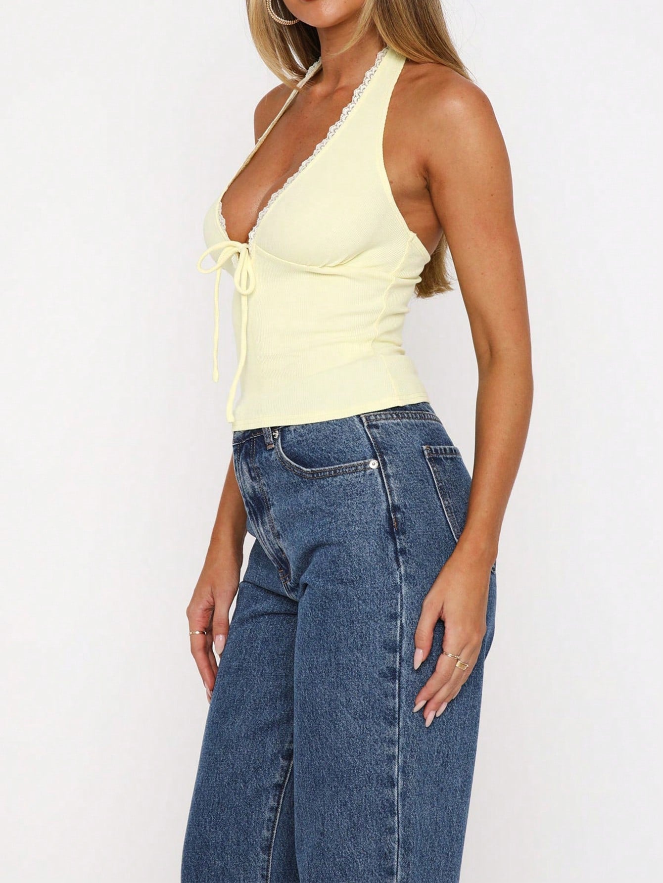 Women's Fashion Halter V-Neck Ruffle Patchwork Tie-Front Camisole Casual Pink Summer