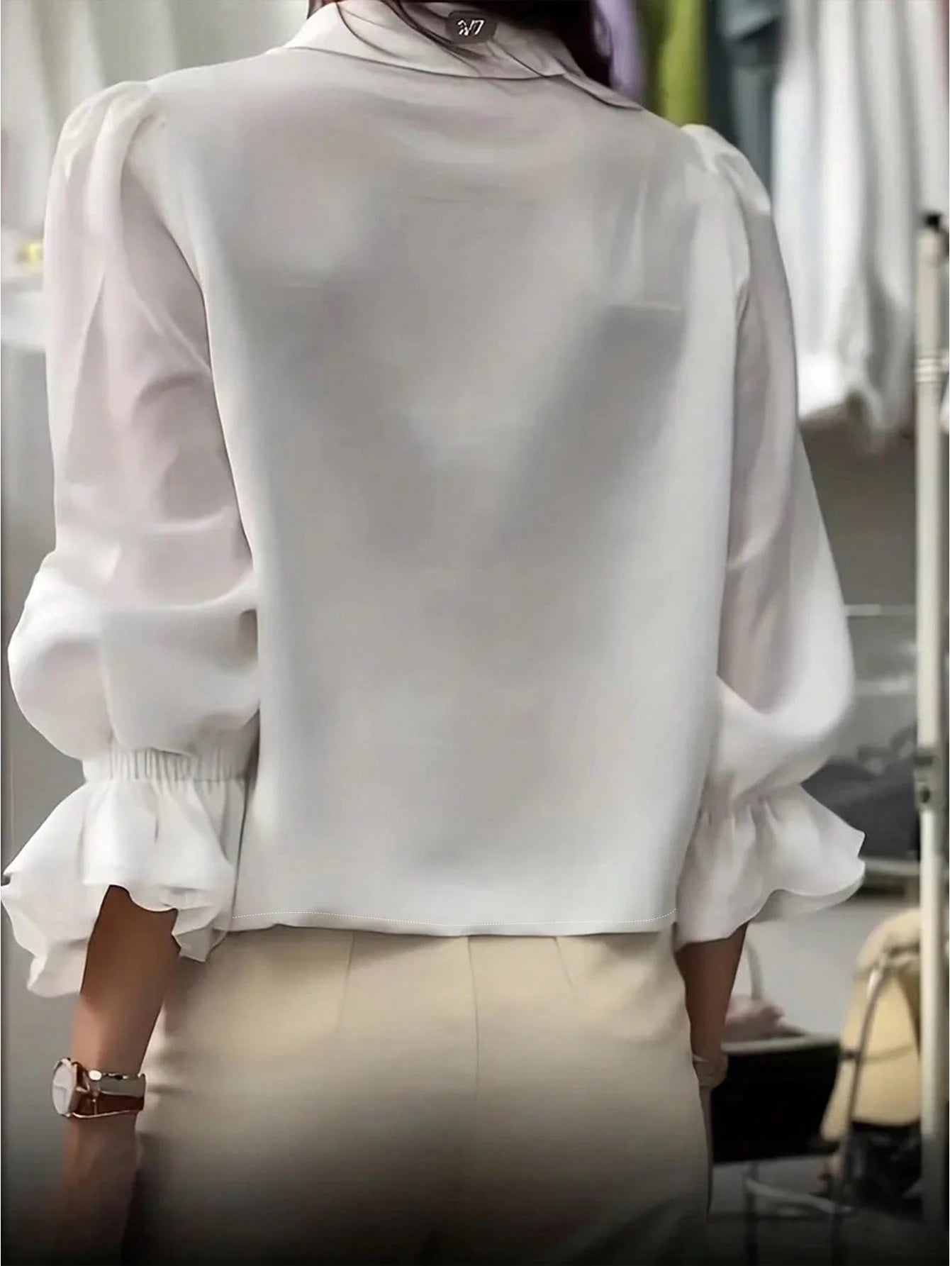 Women's Fashion Lapel Flare Sleeve Shirt, Ruffle Design Loose Blouse, Solid Color Woven Fabric Front Button Casual Office Everyday Wear, Spring Autumn White