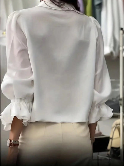 Women's Fashion Lapel Flare Sleeve Shirt, Ruffle Design Loose Blouse, Solid Color Woven Fabric Front Button Casual Office Everyday Wear, Spring Autumn White