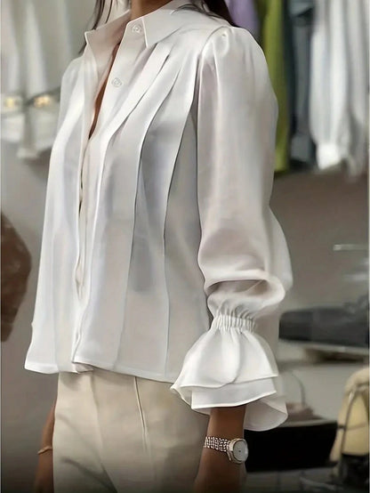 Women's Fashion Lapel Flare Sleeve Shirt, Ruffle Design Loose Blouse, Solid Color Woven Fabric Front Button Casual Office Everyday Wear, Spring Autumn White