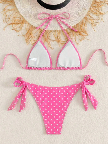 Women's Fashionable & Cute Black And White Polka Dot Design Bikini 2 Pieces Set, Essential For Beach & Spa Vacation Summer