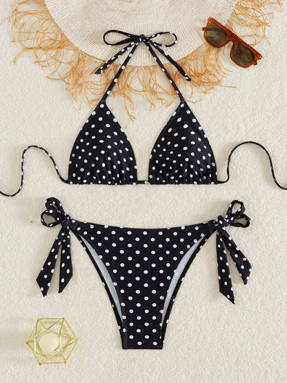 Women's Fashionable & Cute Black And White Polka Dot Design Bikini 2 Pieces Set, Essential For Beach & Spa Vacation Summer