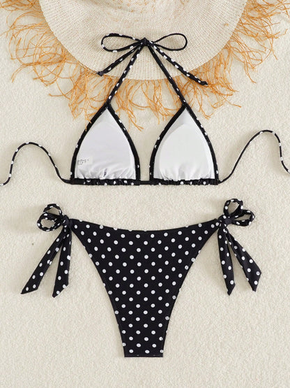 Women's Fashionable & Cute Black And White Polka Dot Design Bikini 2 Pieces Set, Essential For Beach & Spa Vacation Summer