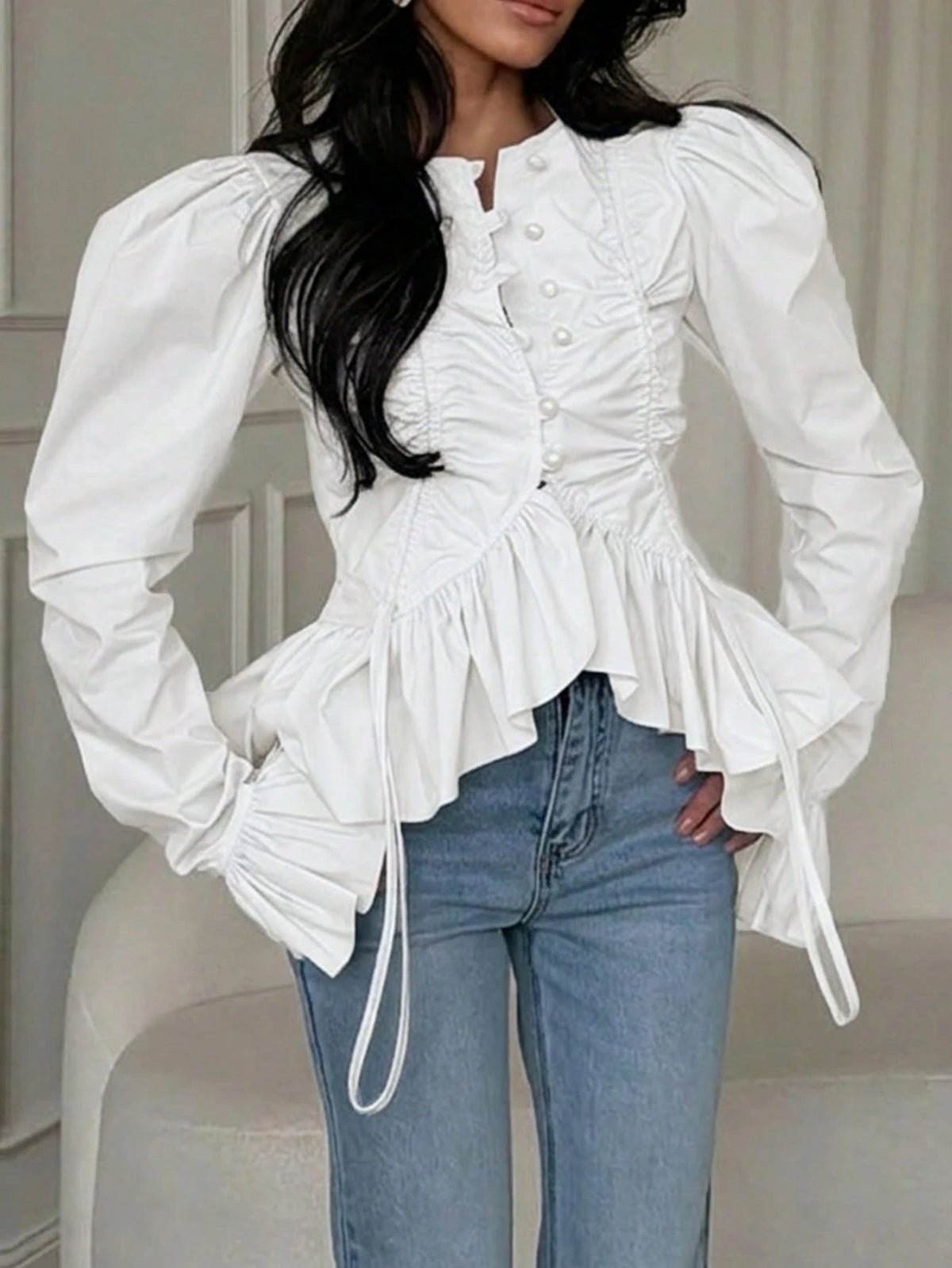 Women's Fashionable Elegant Ruched Flare Sleeve Asymmetrical Ruffle Hem Blouse, Solid Color Pleated Floral Trim/Asymmetric Ruffle Front Button Closure, Casual Office Date Wear Spring Summer Autumn Whi