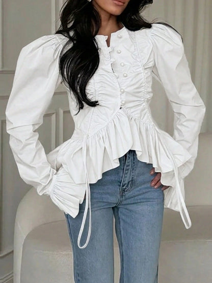 Women's Fashionable Elegant Ruched Flare Sleeve Asymmetrical Ruffle Hem Blouse, Solid Color Pleated Floral Trim/Asymmetric Ruffle Front Button Closure, Casual Office Date Wear Spring Summer Autumn Whi