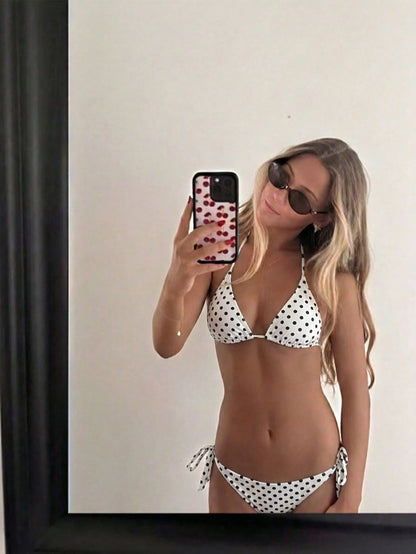 Women's Fashionable Playful Cute Black & White Polka Dot Design Bikini 2 Pieces Set, Essential For Beach & Spa Vacation Summer
