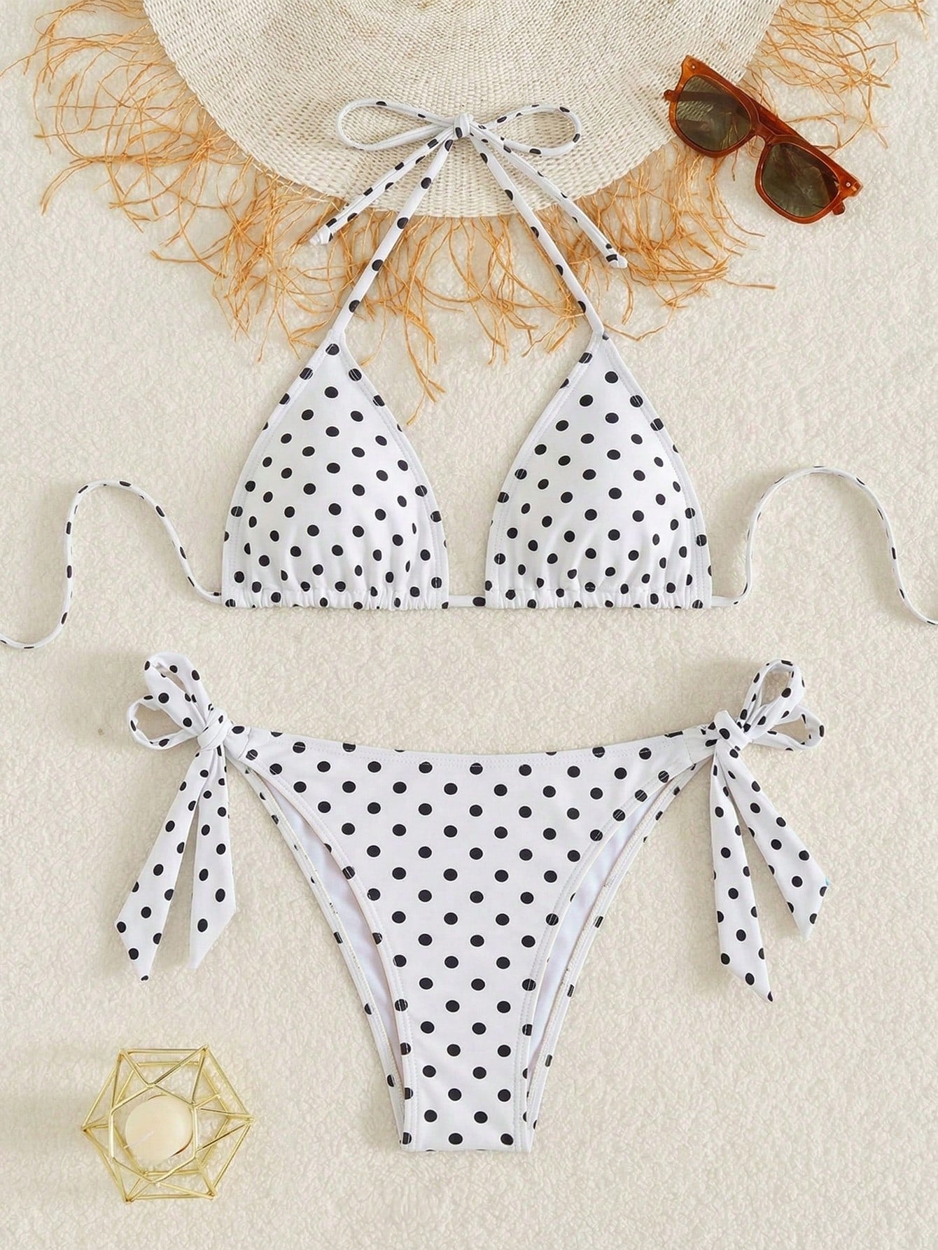 Women's Fashionable Playful Cute Black & White Polka Dot Design Bikini 2 Pieces Set, Essential For Beach & Spa Vacation Summer