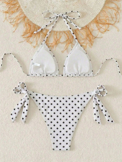 Women's Fashionable Playful Cute Black & White Polka Dot Design Bikini 2 Pieces Set, Essential For Beach & Spa Vacation Summer