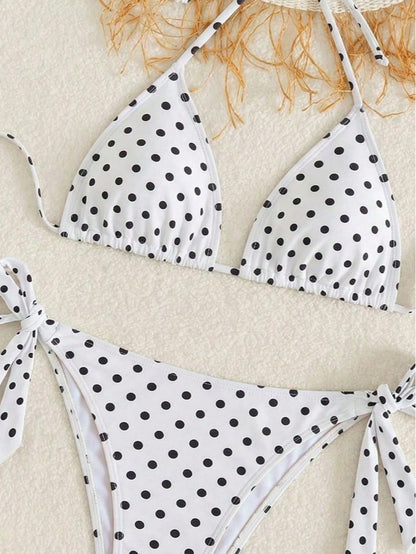 Women's Fashionable Playful Cute Black & White Polka Dot Design Bikini 2 Pieces Set, Essential For Beach & Spa Vacation Summer
