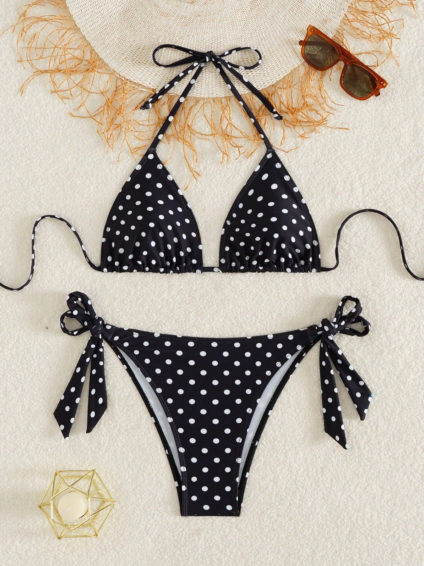 Women's Fashionable Playful Cute Black & White Polka Dot Design Bikini 2 Pieces Set, Essential For Beach & Spa Vacation Summer