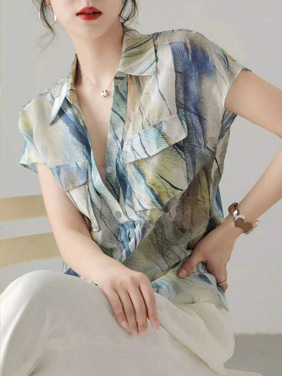 Women's French Style Shirt, Summer Casual Short Sleeve Flowing Blouse, Fashionable Printed Shirt, Elegant Ladies Shirt, Suitable For Shopping, Travel And Versatile Occasions
