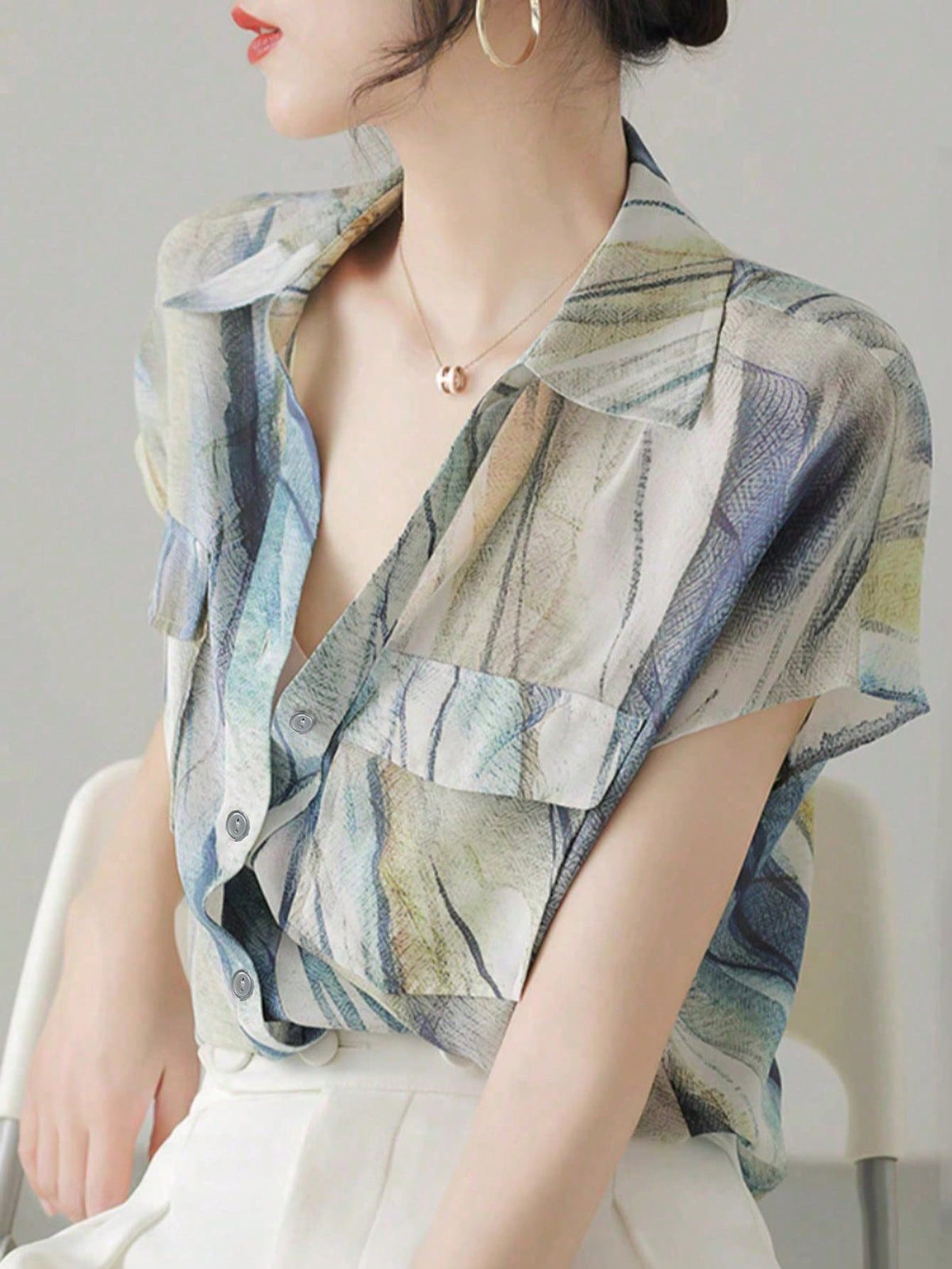 Women's French Style Shirt, Summer Casual Short Sleeve Flowing Blouse, Fashionable Printed Shirt, Elegant Ladies Shirt, Suitable For Shopping, Travel And Versatile Occasions