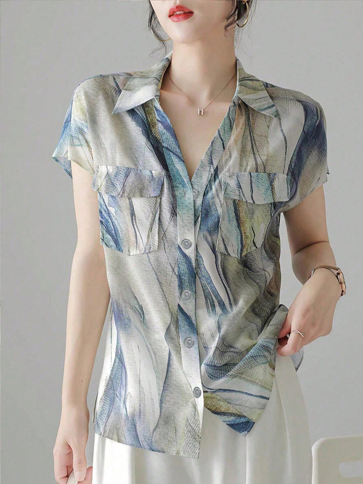 Women's French Style Shirt, Summer Casual Short Sleeve Flowing Blouse, Fashionable Printed Shirt, Elegant Ladies Shirt, Suitable For Shopping, Travel And Versatile Occasions