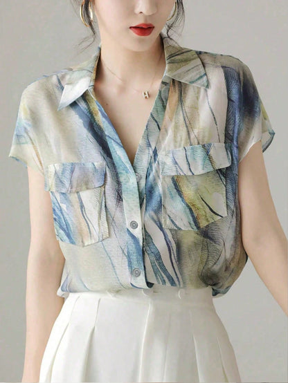Women's French Style Shirt, Summer Casual Short Sleeve Flowing Blouse, Fashionable Printed Shirt, Elegant Ladies Shirt, Suitable For Shopping, Travel And Versatile Occasions