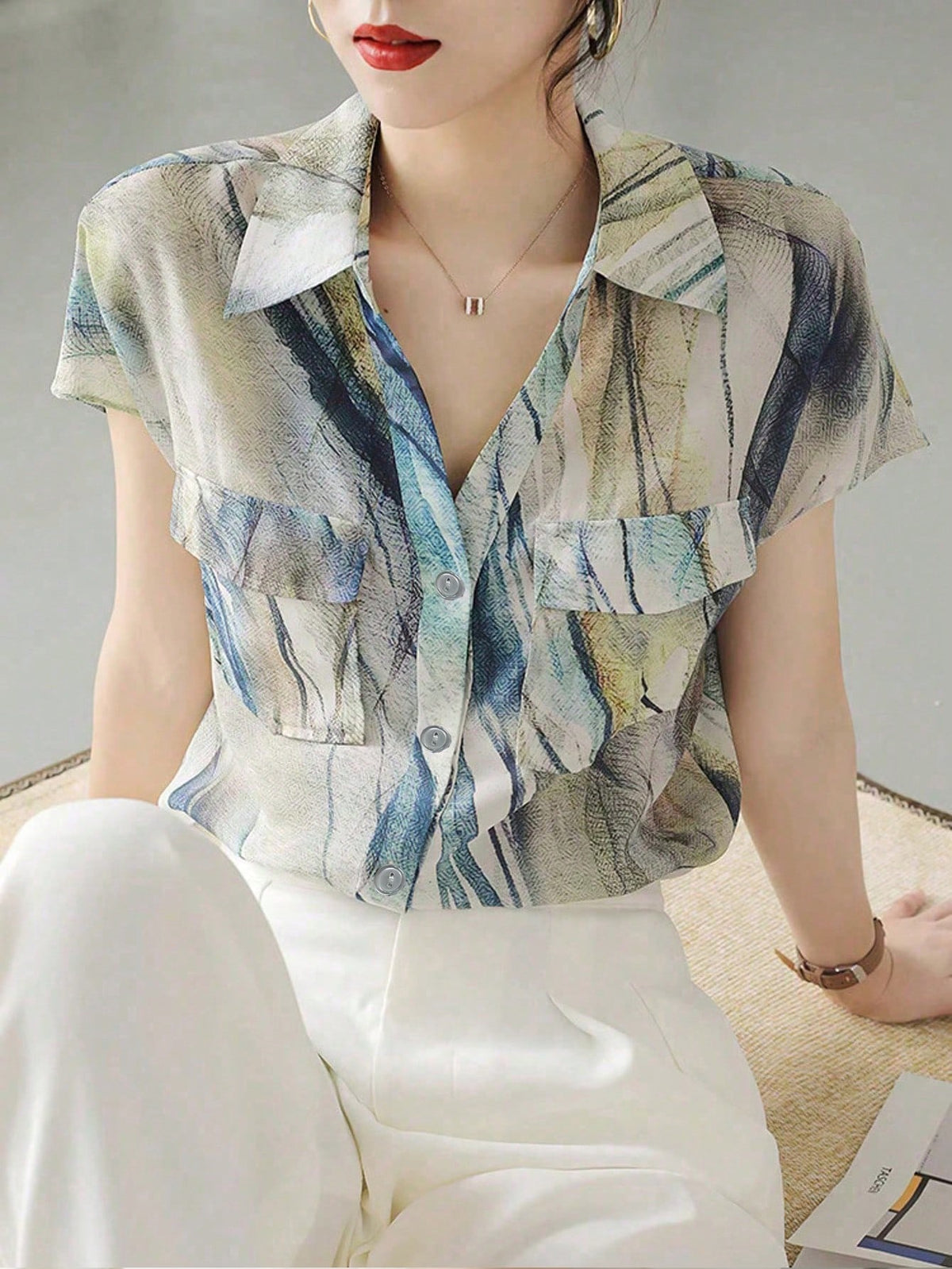 Women's French Style Shirt, Summer Casual Short Sleeve Flowing Blouse, Fashionable Printed Shirt, Elegant Ladies Shirt, Suitable For Shopping, Travel And Versatile Occasions