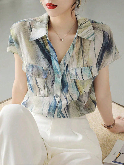 Women's French Style Shirt, Summer Casual Short Sleeve Flowing Blouse, Fashionable Printed Shirt, Elegant Ladies Shirt, Suitable For Shopping, Travel And Versatile Occasions