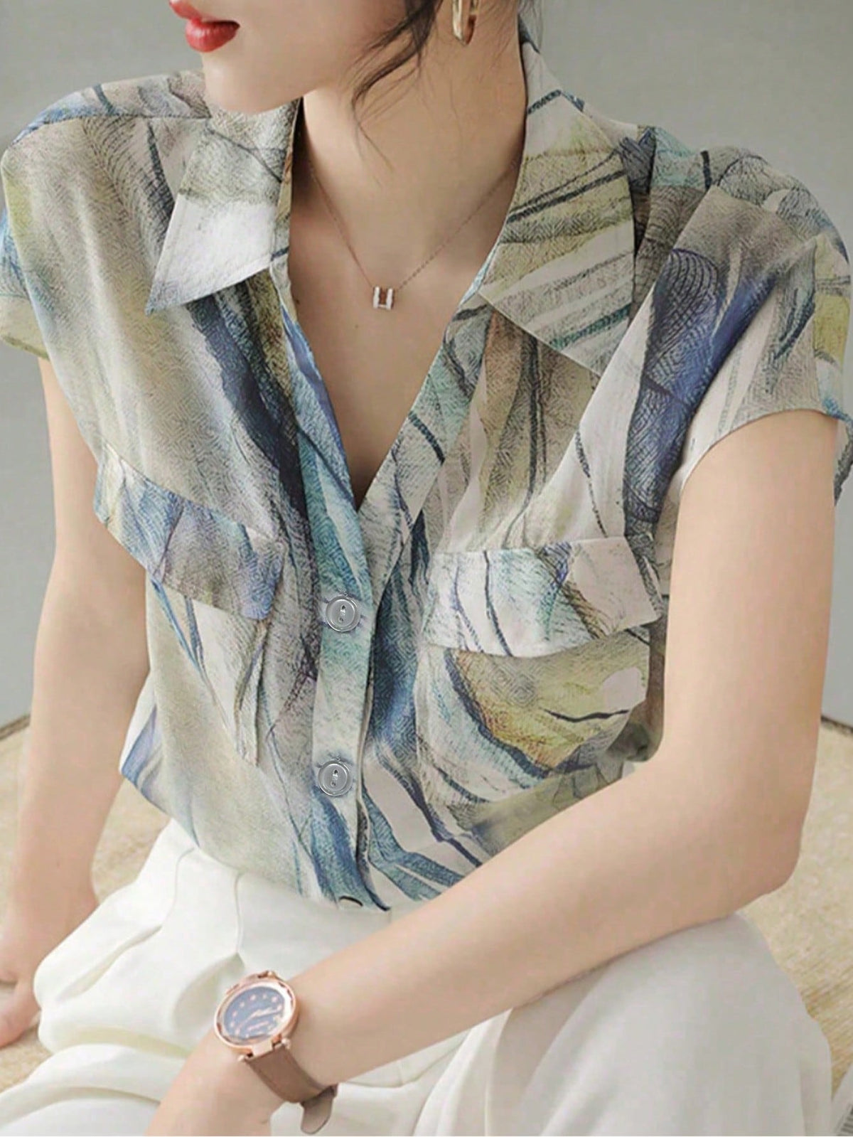 Women's French Style Shirt, Summer Casual Short Sleeve Flowing Blouse, Fashionable Printed Shirt, Elegant Ladies Shirt, Suitable For Shopping, Travel And Versatile Occasions