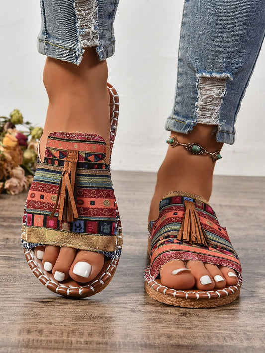 Women's Fringe Decor Flat Sandals, Beach Resort Bohemian Slippers, Fashionable Versatile Outdoor Wear
