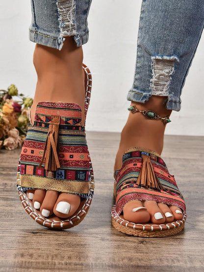 Women's Fringe Decor Flat Sandals, Beach Resort Bohemian Slippers, Fashionable Versatile Outdoor Wear