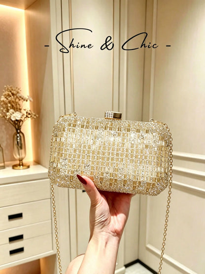 Women's Gold Rhinestone Grid Evening Clutch, Hard Shell Rectangle Purse With Detachable Chain, Luxury Sparkly Style, For Wedding, Party Or Prom