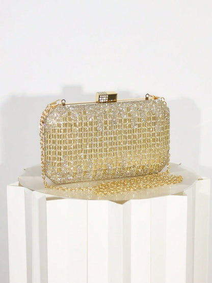 Women's Gold Rhinestone Grid Evening Clutch, Hard Shell Rectangle Purse With Detachable Chain, Luxury Sparkly Style, For Wedding, Party Or Prom