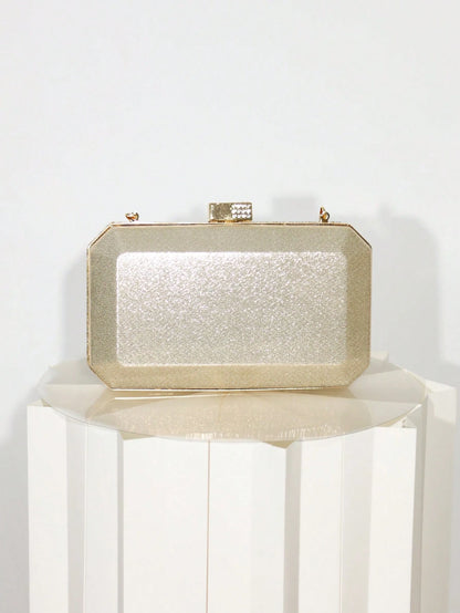 Women's Gold Rhinestone Grid Evening Clutch, Hard Shell Rectangle Purse With Detachable Chain, Luxury Sparkly Style, For Wedding, Party Or Prom