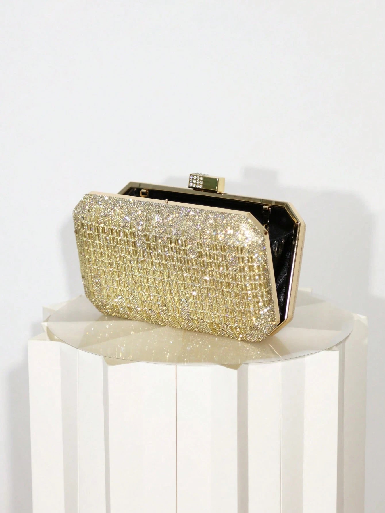 Women's Gold Rhinestone Grid Evening Clutch, Hard Shell Rectangle Purse With Detachable Chain, Luxury Sparkly Style, For Wedding, Party Or Prom