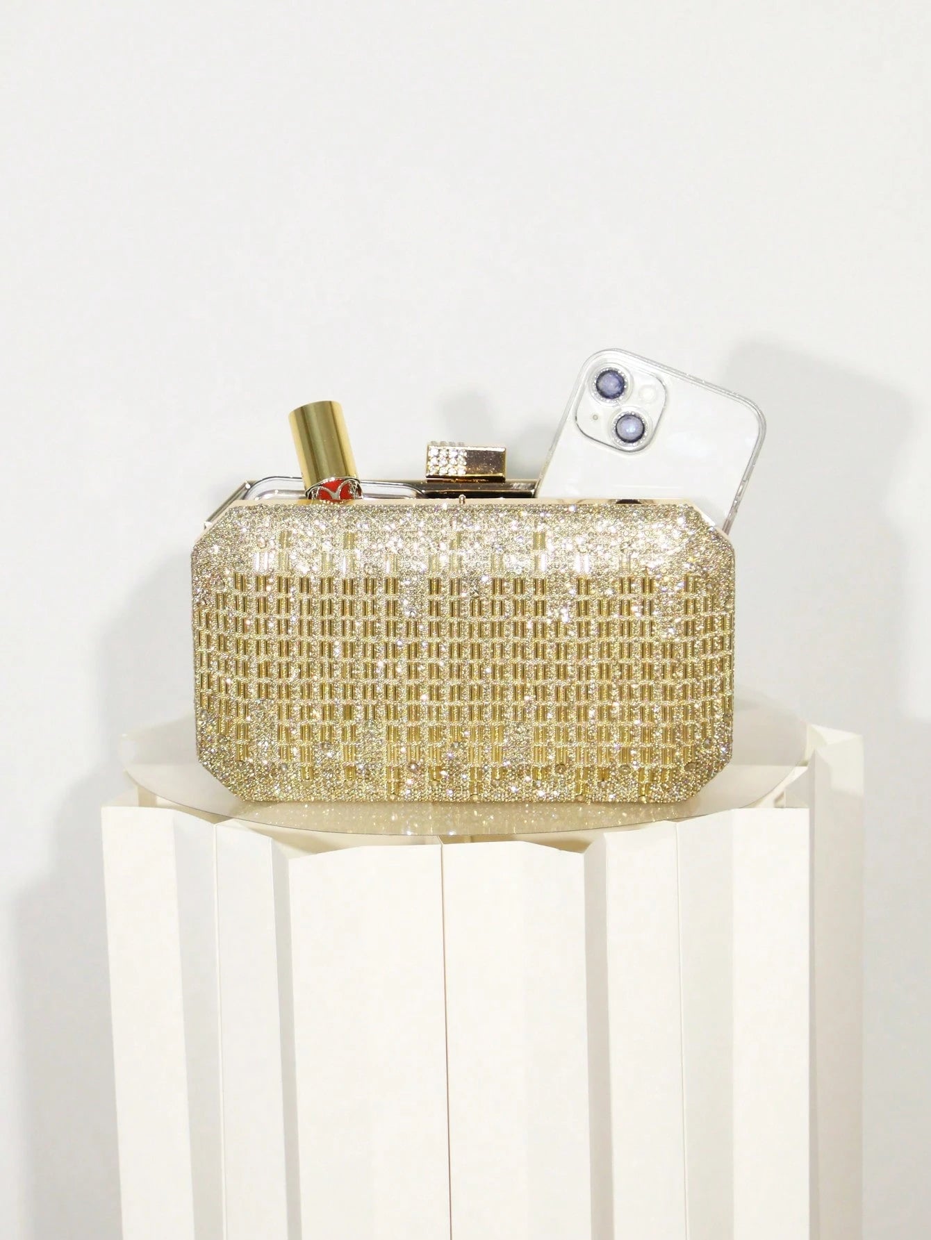Women's Gold Rhinestone Grid Evening Clutch, Hard Shell Rectangle Purse With Detachable Chain, Luxury Sparkly Style, For Wedding, Party Or Prom