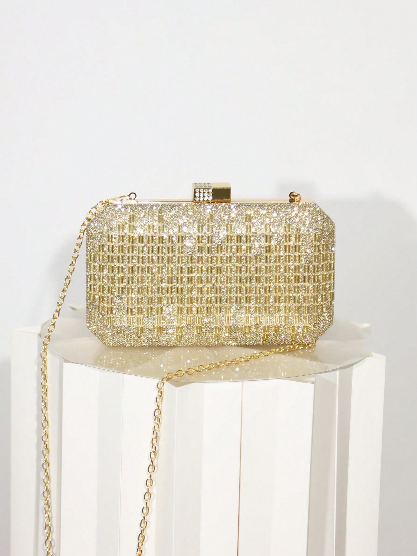 Women's Gold Rhinestone Grid Evening Clutch, Hard Shell Rectangle Purse With Detachable Chain, Luxury Sparkly Style, For Wedding, Party Or Prom