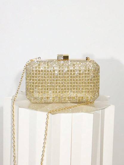 Women's Gold Rhinestone Grid Evening Clutch, Hard Shell Rectangle Purse With Detachable Chain, Luxury Sparkly Style, For Wedding, Party Or Prom