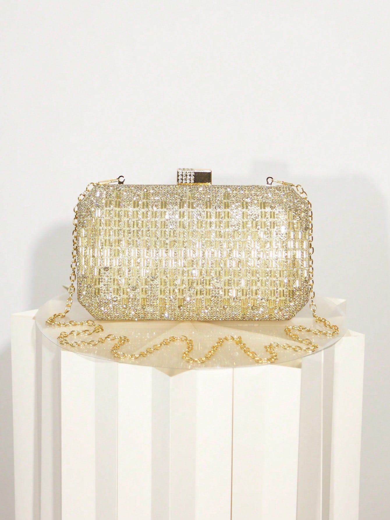 Women's Gold Rhinestone Grid Evening Clutch, Hard Shell Rectangle Purse With Detachable Chain, Luxury Sparkly Style, For Wedding, Party Or Prom